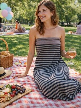 Striped Navy and Gray Strapless Maxi Dress with Fold-Over Top